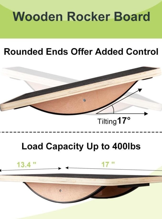 Wooden Rocker Balance Board, 17" x 13.4", Dual-Direction Wobble with 17° Tilt, Non-Slip Core & Stability Trainer for Adults, Seniors, Rehab & Office – Supports 400 lbs, Ideal for Home & Gym