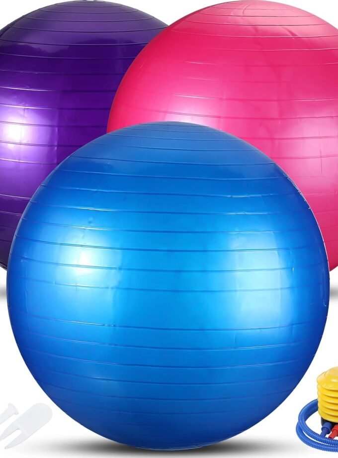 3 Pcs Exercise Ball Inflatable Yoga Ball for Pregnancy Pilates Ball Core Ball Workout Equipment with Pump and Plug for Chair Fitness Stability Balance Birthing Gym Office Home Support 330lbs