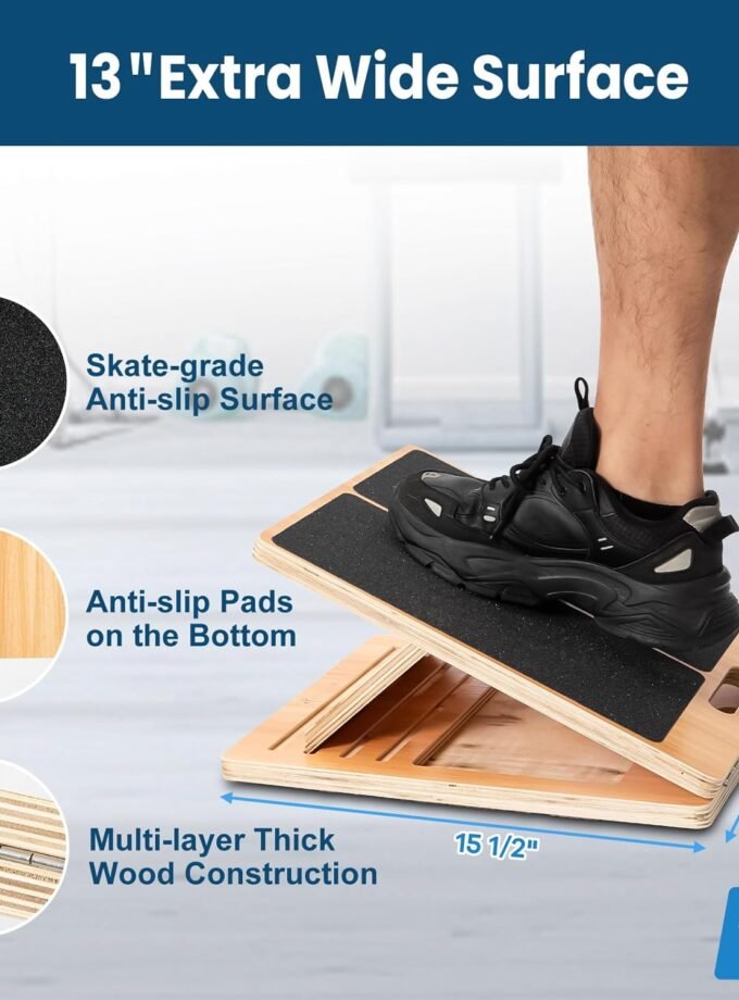 13” Wide Portable Wooden Slant Board, 5-Level Incline (15°-35°), Lower Grip Handle, Beginner & Rehab Friendly, Non-Slip Surface for Calf Stretching, Squats, Physical Therapy