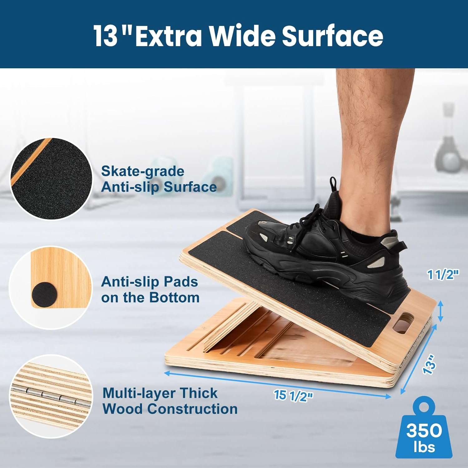 13” Wide Portable Wooden Slant Board, 5-Level Incline (15°-35°), Lower Grip Handle, Beginner & Rehab Friendly, Non-Slip Surface for Calf Stretching, Squats, Physical Therapy - Image 2