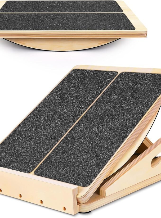 2-in-1 Professional Wooden Balance Board & Slant Board, Four Adjustable Incline Board and Calf Stretcher, Stretch Board for Knees Ankle Heel Feet Leg
